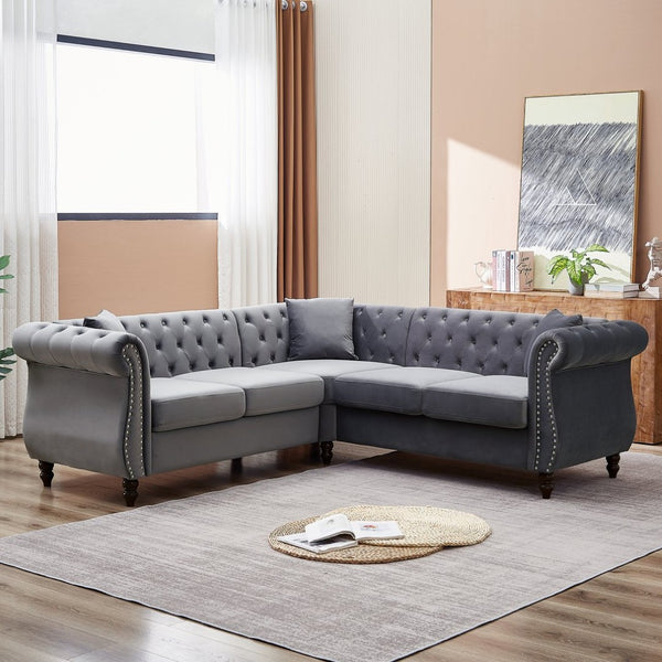 English Elm 83.5-inch L-shaped Sectional Sofa Five Seat Corner Couch with Chesterfield Inspired Style Gray W834S00602