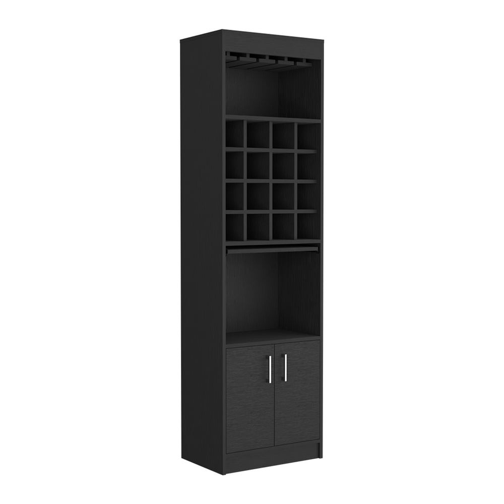 English Elm Bar Cabinet Modoc Black — Tall 71.1" Living Room Bar with 12-Glass Rack, 16 Cubbies & Prep Tray B092S00084