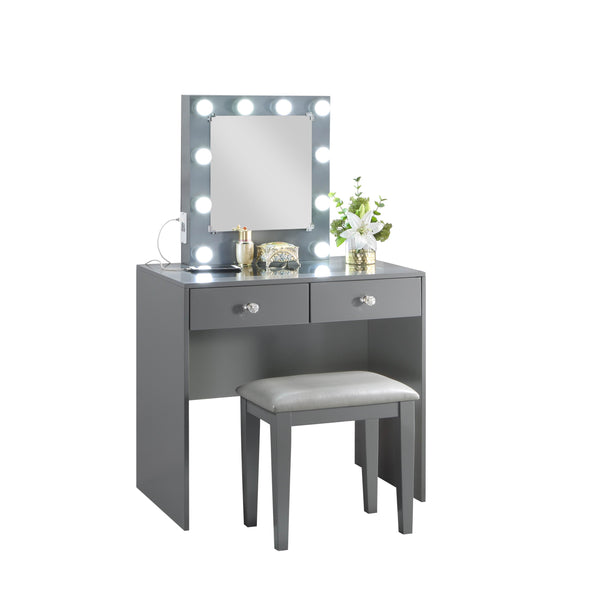 English Elm Gray Makeup Vanity and Stool Set with 10 LED Lights, USB & Outlet, Spacious Drawers, Modern Luxe Design B011P146566