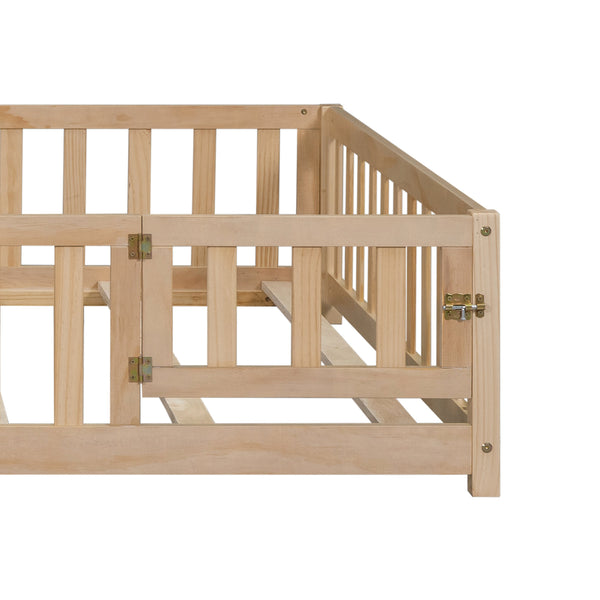 English Elm Full Full Size Floor Platform Bed with Safety Fence and Door, Montessori Toddler Frame with Slats, Sturdy Pine Construction for Secure Sleep and Playtime Natural 77.76 L x 17.52 W x 6.3 H W1716132149