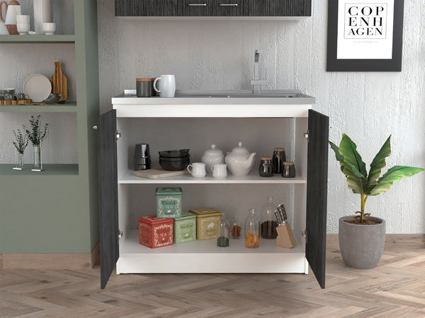 English Elm Utility Sink Cabinet Freestanding Stainless Steel Basin White Farmhouse Storage B092S00032