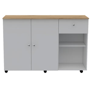 English Elm Kitchen Island Cart Indiana White & Light Oak — Narrow 53"x18" Counter, Open Shelves, Towel Bars, Locking Casters for Mobile Durability B092S00063