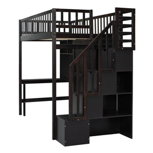 English Elm Twin Loft Bed with Integrated Desk Wardrobe Bookshelf and Storage for Kids Rooms Espresso LT100668AAP