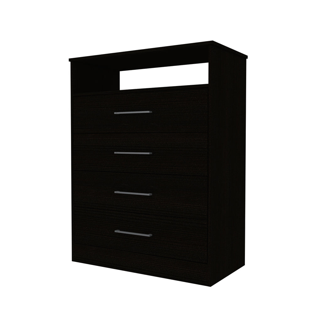 English Elm Dresser Atlanta Black - 43.2" High 4-Drawer Bedroom Chest with Open Electronics Shelf, Fits 47" TV B092S00015