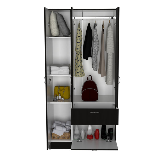 English Elm Armoire Cobra Modern White & Black Bedroom Wardrobe with Hanging Rod, Drawer & Pull-Down Cabinet B092S00041