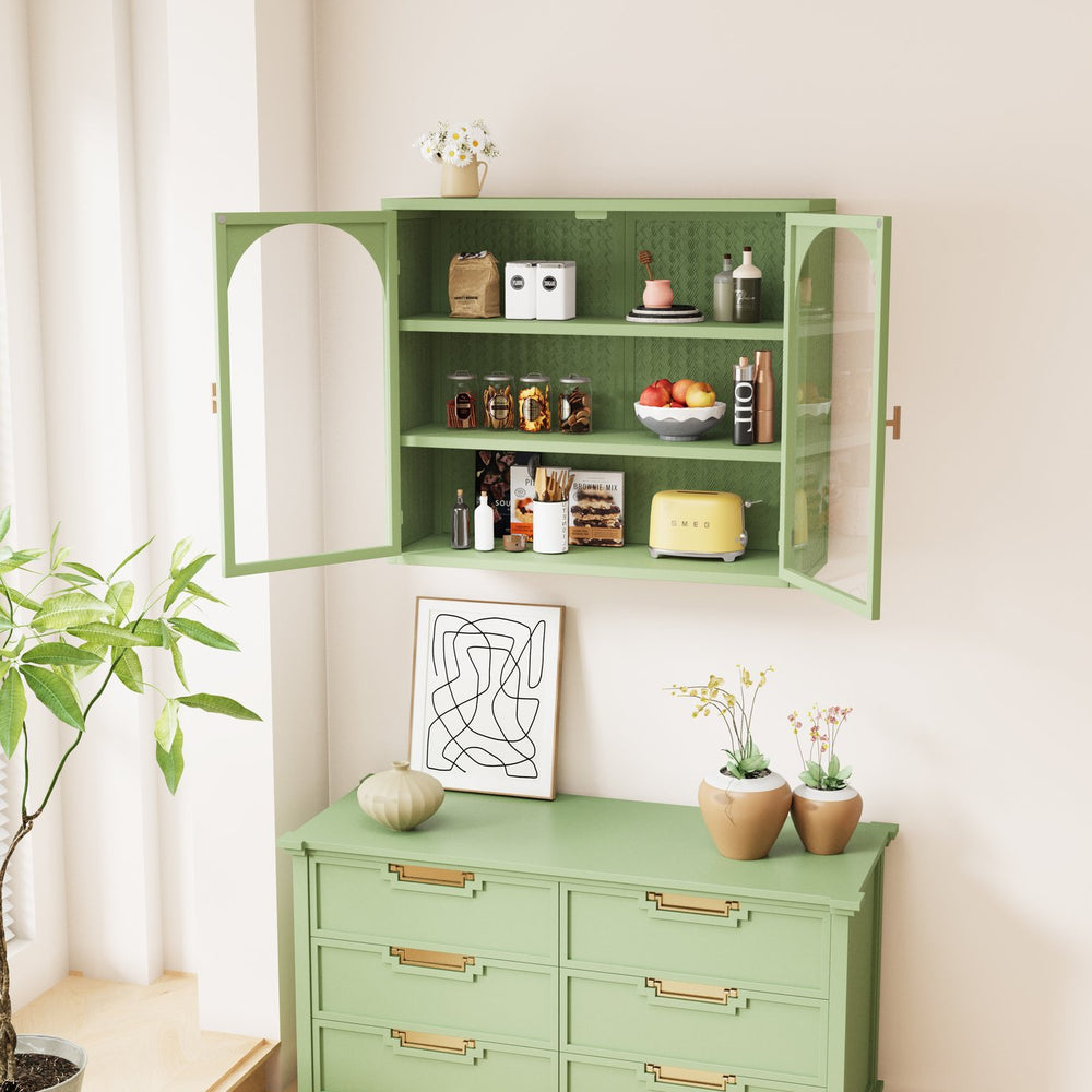 English Elm 27.56"Glass Modern Two-Door Wall Cabinet Green with Tempered Glass, Three-Tier Storage & Woven Detail W757135228