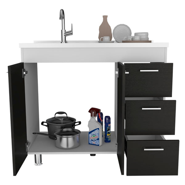 English Elm Utility Sink Cabinet Freestanding Stainless Steel Basin White Farmhouse Storage B092S00067