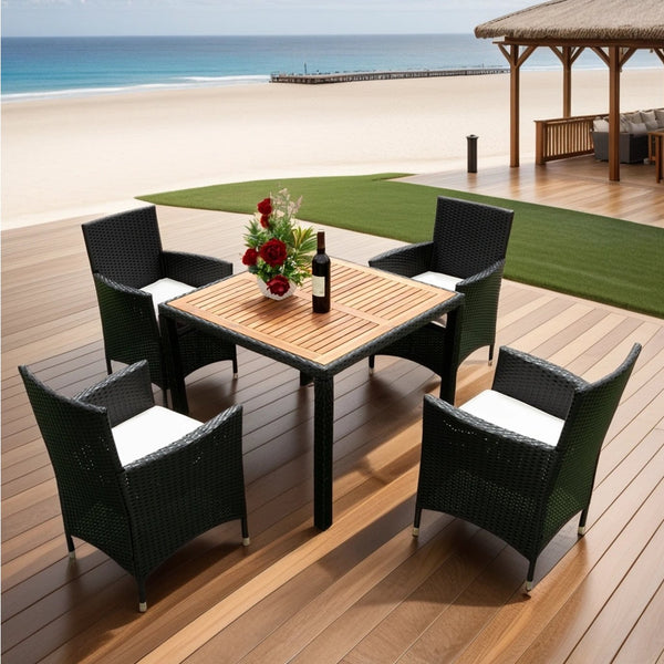 English Elm Eelifee 5-Piece Outdoor Wicker Dining Set With Acacia Wood Top & Plush Crème Cushions For Comfort W329S00039