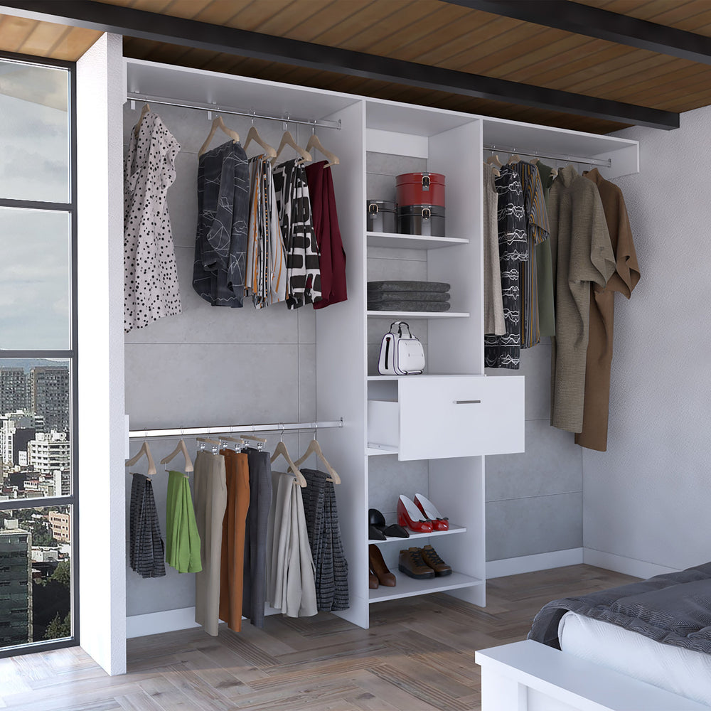 English Elm 250 Closet System British White Bedroom Organizer with Drawer, 3 Rods & 5 Shelves — Durable Particleboard B092S00028