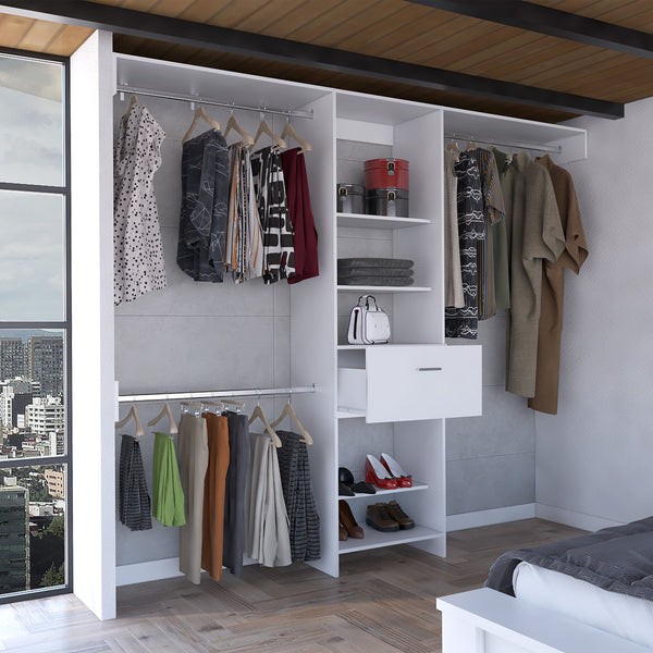 English Elm 250 Closet System British White Bedroom Organizer with Drawer, 3 Rods & 5 Shelves — Durable Particleboard B092S00028