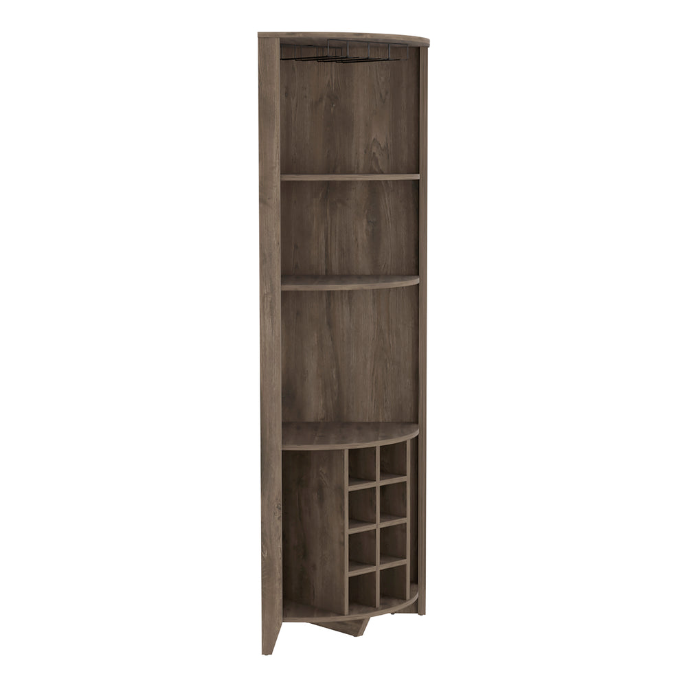 English Elm Corner Bar Cabinet Castle Dark Brown Corner Wine Rack with Cup Holder, 8 Cubbies, Shelves, Durable Finish B092S00036