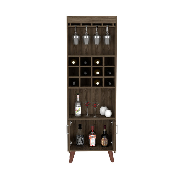 English Elm Bar Cabinet Bull Dark Walnut - 12 Wine Cubbies, Two Shelves & Doors, Sturdy Particleboard, 26x20x8" B092S00031