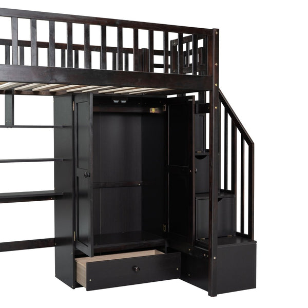 English Elm Twin Loft Bed with Integrated Desk Wardrobe Bookshelf and Storage for Kids Rooms Espresso LT100668AAP