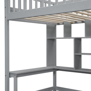 English Elm Twin Loft Bed with Integrated Desk Wardrobe Bookshelf and Storage for Kids Rooms Gray LT100668AAE