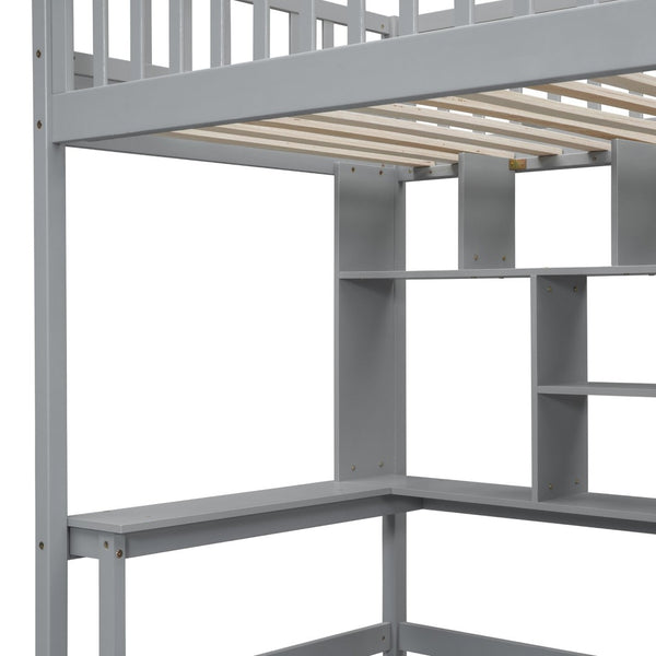 English Elm Twin Loft Bed with Integrated Desk Wardrobe Bookshelf and Storage for Kids Rooms Gray LT100668AAE