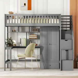 English Elm Twin Loft Bed with Integrated Desk Wardrobe Bookshelf and Storage for Kids Rooms Gray LT100668AAE