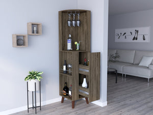 English Elm Corner Bar Cabinet Plex Dark Brown - Space-Saving Living Room Corner Unit with Cup Rack, Drawer, Shelves B092S00107
