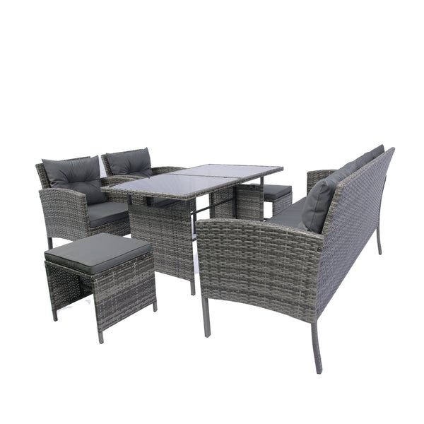 English Elm 6 Piece Patio Wicker Sectional Set with Space-Saving Nesting Design, Steel Frame, Tempered Glass Table and Weatherproof Cushions Grey W329S00042