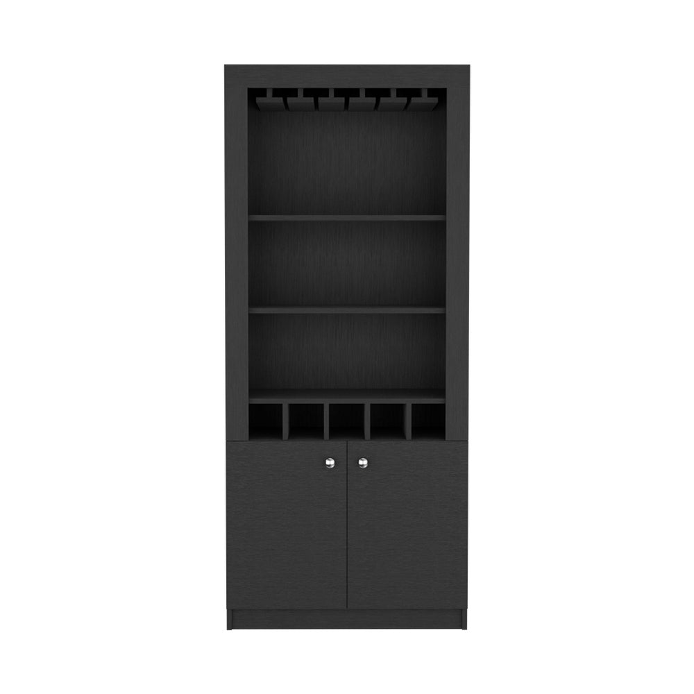 English Elm Bar Cabinet Margarita 69"H Black Particle Board Home Bar with Wine Glass Rack, 5 Bottle Cubbies, Durable Finish B092S00110