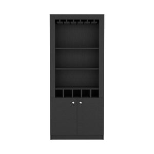 English Elm Bar Cabinet Margarita 69"H Black Particle Board Home Bar with Wine Glass Rack, 5 Bottle Cubbies, Durable Finish B092S00110