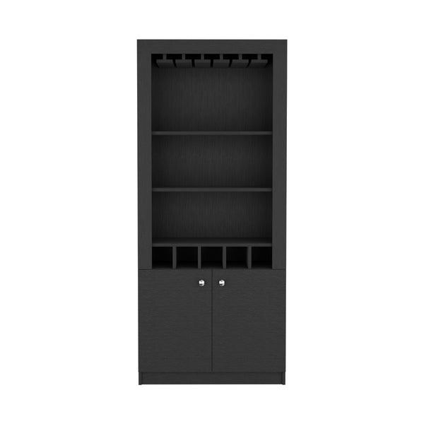 English Elm Bar Cabinet Margarita 69"H Black Particle Board Home Bar with Wine Glass Rack, 5 Bottle Cubbies, Durable Finish B092S00110