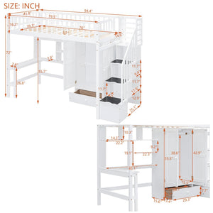 English Elm Twin Loft Bed with Integrated Desk Wardrobe Bookshelf and Storage for Kids Rooms LT100668AAK