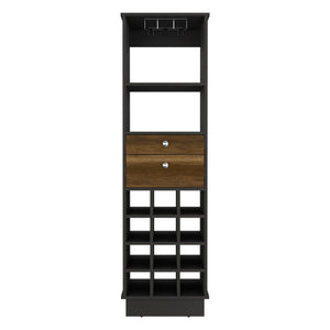 English Elm Bar Cabinet Bureck Black/Walnut — Durable Particle Board, 12 Wine Cubbies, 2 Drawers, Shelf, 24" Top B092S00060