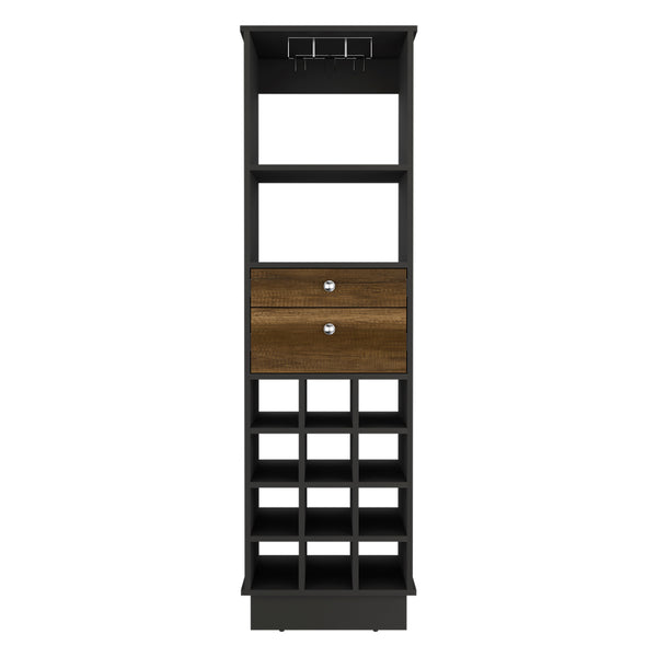 English Elm Bar Cabinet Bureck Black/Walnut — Durable Particle Board, 12 Wine Cubbies, 2 Drawers, Shelf, 24" Top B092S00060