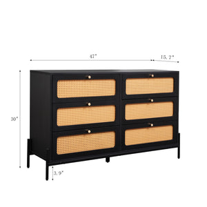 English Elm Rattan 6-Drawer Dresser with Rattan Doors & Gold Handles, Water-Resistant MDF, Spacious Storage W1321132577