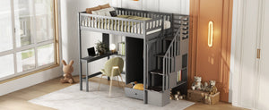 English Elm Twin Loft Bed with Integrated Desk Wardrobe Bookshelf and Storage for Kids Rooms Gray LT100668AAE
