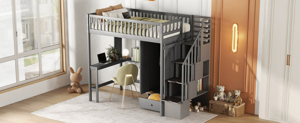 English Elm Twin Loft Bed with Integrated Desk Wardrobe Bookshelf and Storage for Kids Rooms Gray LT100668AAE