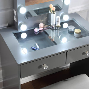English Elm Gray Makeup Vanity and Stool Set with 10 LED Lights, USB & Outlet, Spacious Drawers, Modern Luxe Design B011P146566