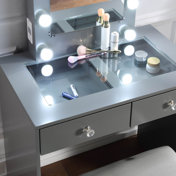 English Elm Gray Makeup Vanity and Stool Set with 10 LED Lights, USB & Outlet, Spacious Drawers, Modern Luxe Design B011P146566