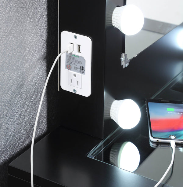 English Elm Black Makeup Vanity with 10 LED Lights, USB & Outlet, Matching Stool, 2 Drawers, Sleek Modern Glam Desk B011P146565