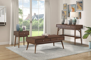English Elm Retro Mid-Century Coffee Table with 2 Drawers, Walnut Veneer Brown Finish, Polished Nickel Knobs B011P146561