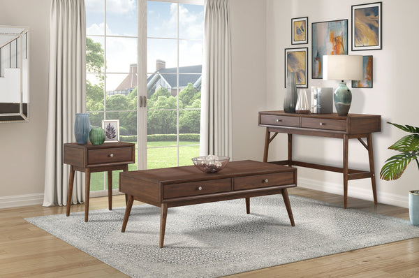 English Elm Retro Mid-Century Coffee Table with 2 Drawers, Walnut Veneer Brown Finish, Polished Nickel Knobs B011P146561