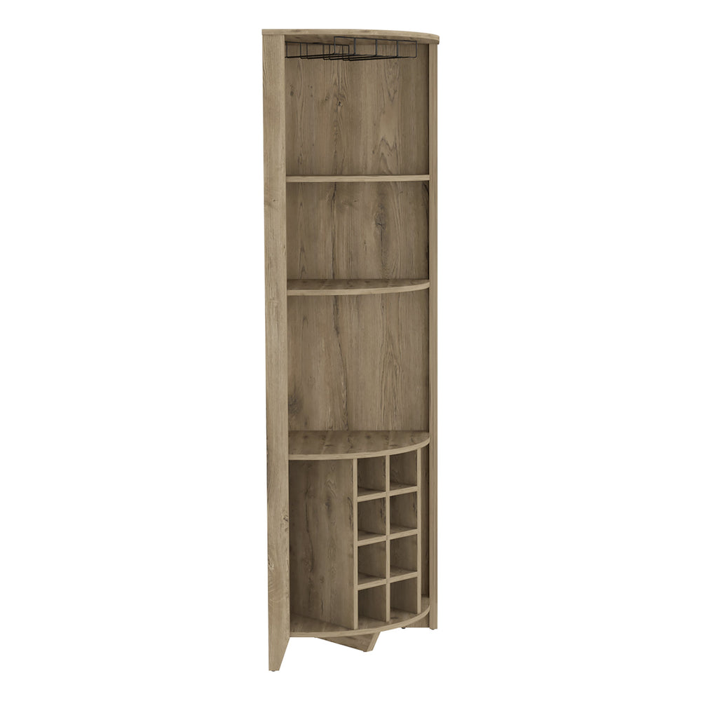 English Elm Corner Bar Cabinet Castle Aged Oak Corner Wine Storage with Cup Rack, 8 Cubbies, Shelves, Durable 디자인 B092S00037
