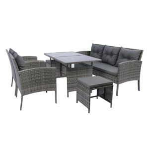 English Elm 6 Piece Patio Wicker Sectional Set with Space-Saving Nesting Design, Steel Frame, Tempered Glass Table and Weatherproof Cushions Grey W329S00042