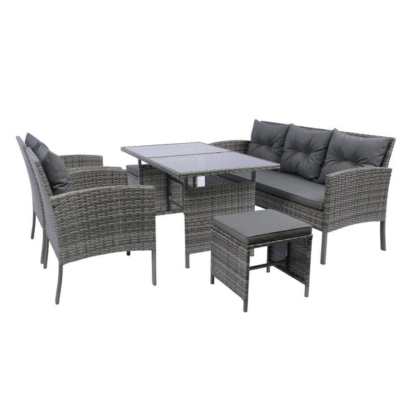 English Elm 6 Piece Patio Wicker Sectional Set with Space-Saving Nesting Design, Steel Frame, Tempered Glass Table and Weatherproof Cushions Grey W329S00042