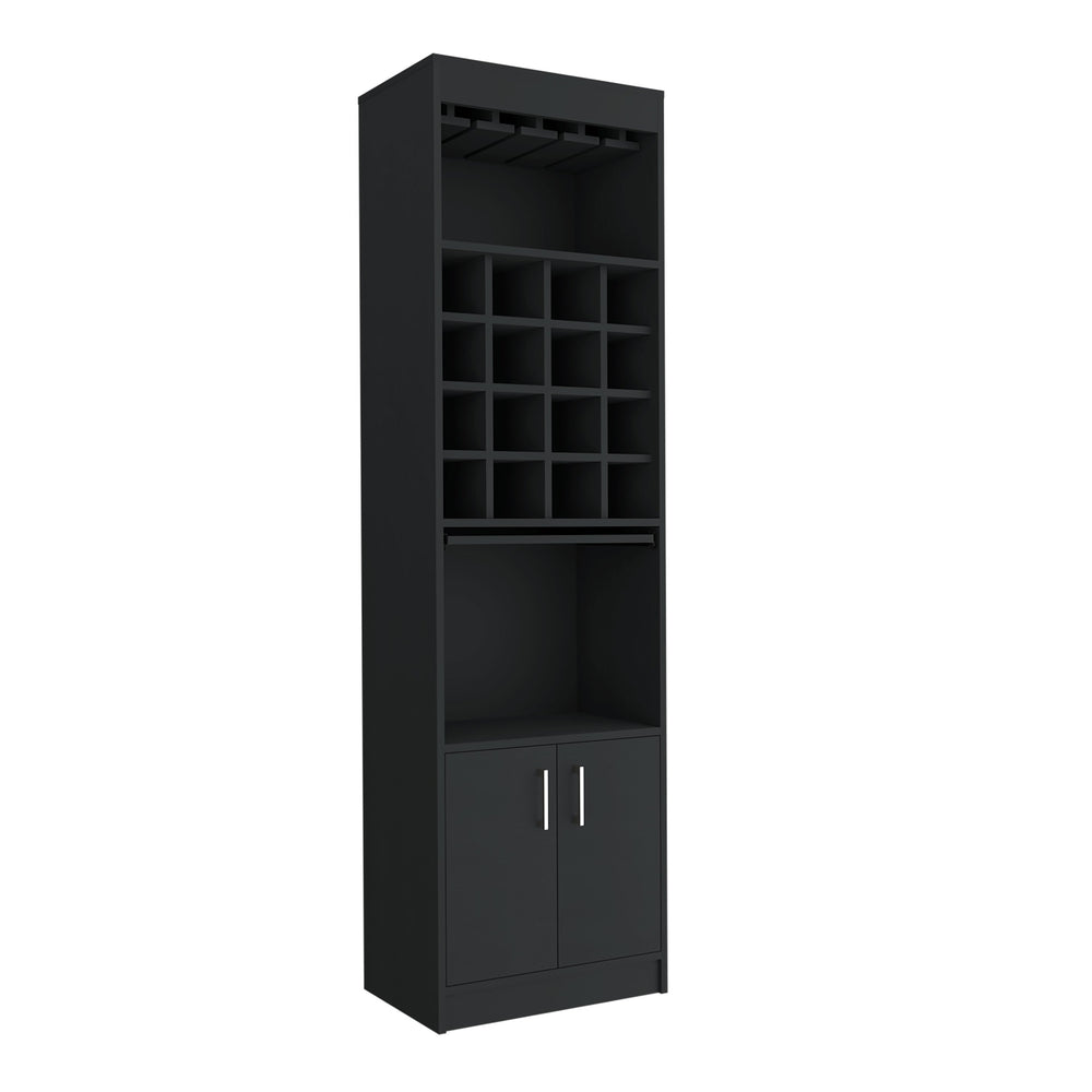 English Elm Bar Cabinet Atanasio Black — Stylish Living Room Bar with 16 Wine Cubbies, Glass Rack & Open Shelves for Durable Entertaining (74x18x3) B092S00011