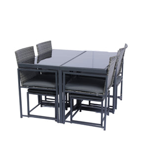 English Elm 9 Patio Dining Set - Space-Saving Rattan Outdoor 9-Piece with Glass Top, Grey Wicker & Cushions W329S00041