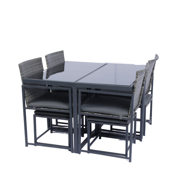 English Elm 9 Patio Dining Set - Space-Saving Rattan Outdoor 9-Piece with Glass Top, Grey Wicker & Cushions W329S00041