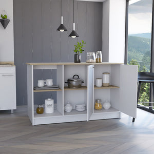 English Elm Kitchen Island Padua White/Light Oak with 59" Countertop, Open Shelves & Double-Door Cabinet Storage — Durable Design B092S00098