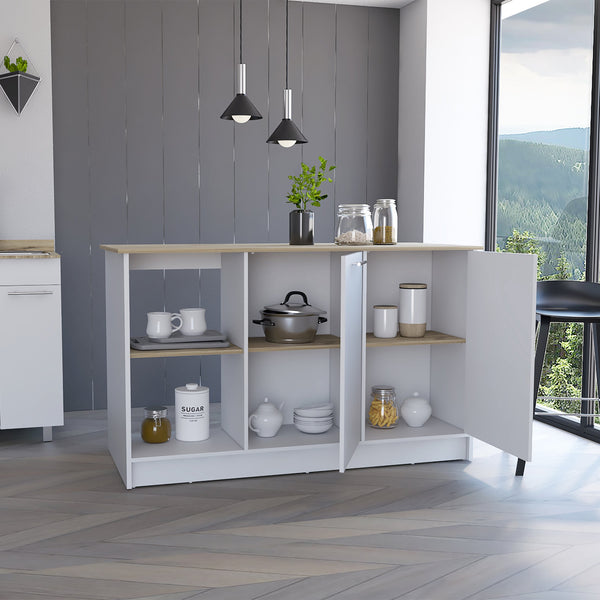 English Elm Kitchen Island Padua White/Light Oak with 59" Countertop, Open Shelves & Double-Door Cabinet Storage — Durable Design B092S00098