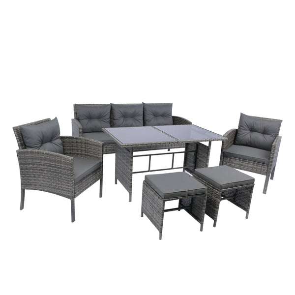 English Elm 6 Piece Patio Wicker Sectional Set with Space-Saving Nesting Design, Steel Frame, Tempered Glass Table and Weatherproof Cushions Grey W329S00042