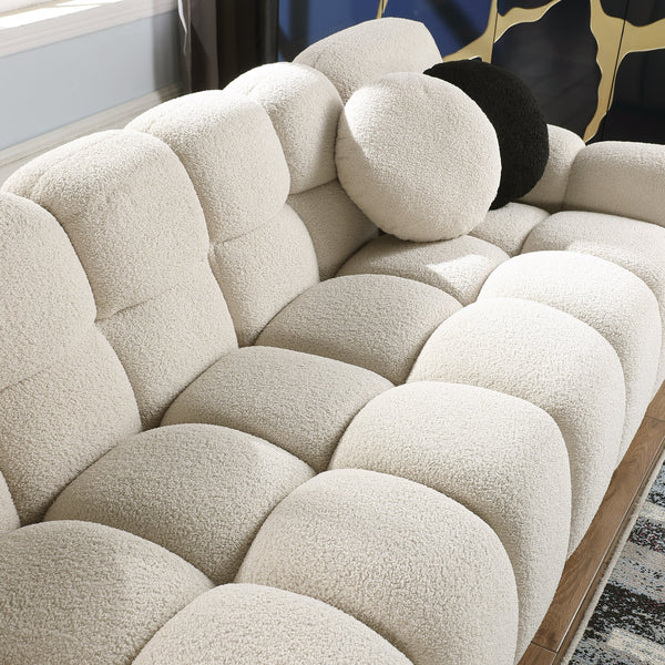 English Elm 64.96 Plush Beige Bouclé 2-Seater Marshmallow Sofa for Small Spaces | Curved Modern Compact Comfort W1099S00090