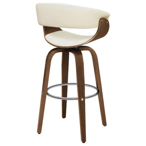 English Elm Walnut Mid-Century Swivel Bar Stool with Ecru Faux Leather Back Walnut Finish Chrome Base Glamorous Comfort B062S00271