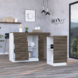 English Elm Kitchen Island Metask White & Dark Walnut with 3 Drawers, Flexible Cabinet, Durable Particleboard Countertop 90" B092S00080
