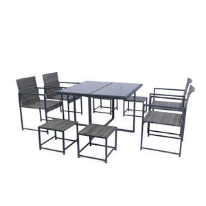 English Elm 9 Patio Dining Set - Space-Saving Rattan Outdoor 9-Piece with Glass Top, Grey Wicker & Cushions W329S00041