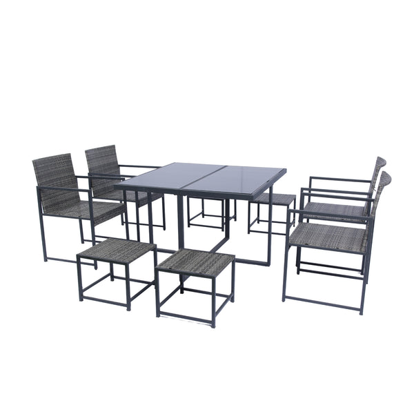 English Elm 9 Patio Dining Set - Space-Saving Rattan Outdoor 9-Piece with Glass Top, Grey Wicker & Cushions W329S00041